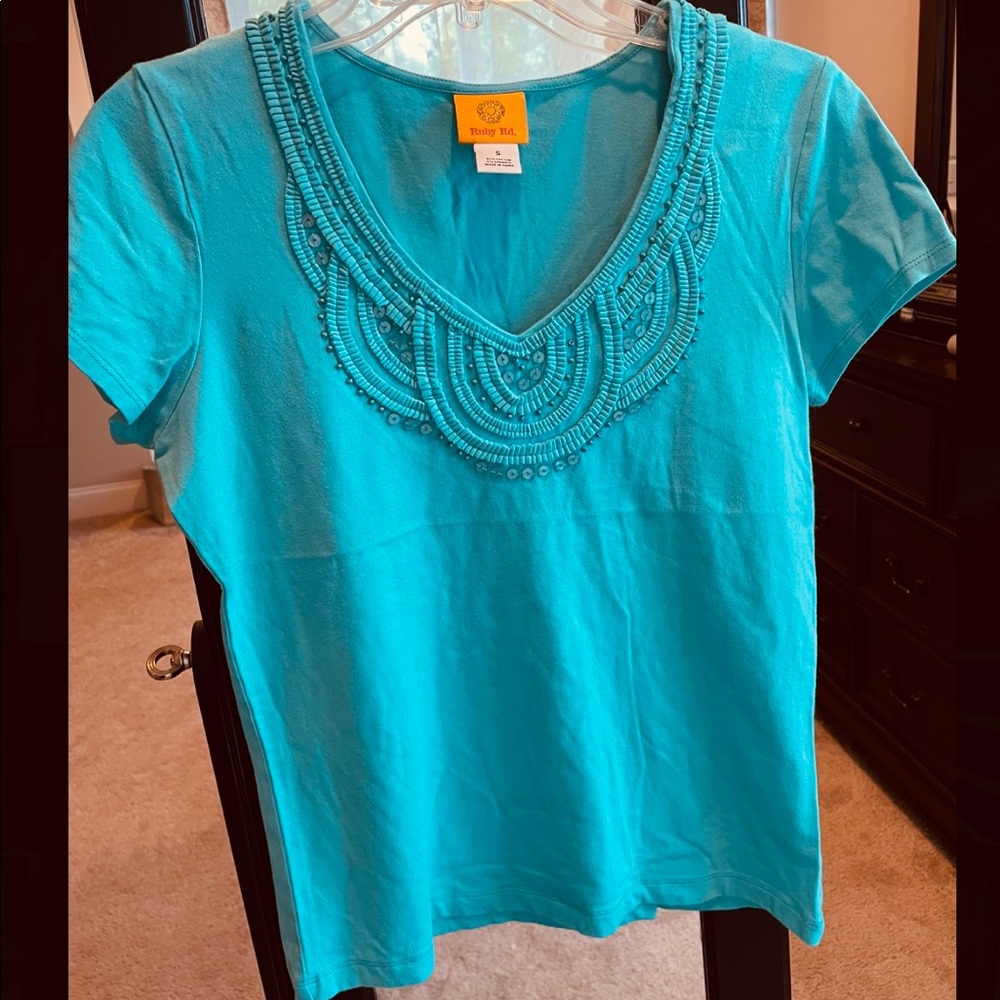 Ruby Rd Womens S Turquoise Short Sleeve Blouse, Beaded Detail Neckline